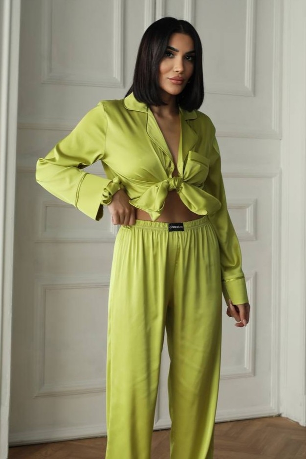 Set pijama dama din doua piese, cu nasturi – 2500004, Verde olive - poza 3