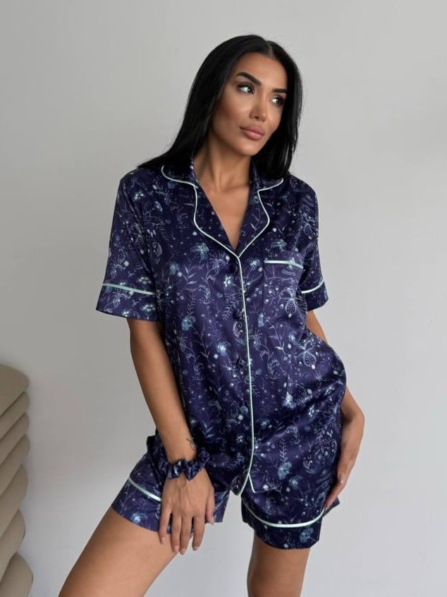 Set pijama dama din doua piese, cu nasturi – 2500100, Bleumarin Floral - poza 1