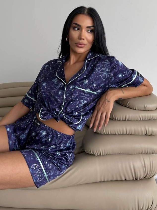 Set pijama dama din doua piese, cu nasturi – 2500100, Bleumarin Floral - poza 3