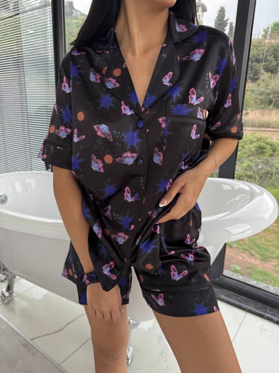 Set pijama dama din doua piese, cu nasturi – 2500116, Midnight Butterfly - poza 1