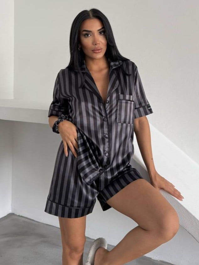 Set pijama dama din doua piese, cu nasturi – 2500156, Negru/Gri - poza 1