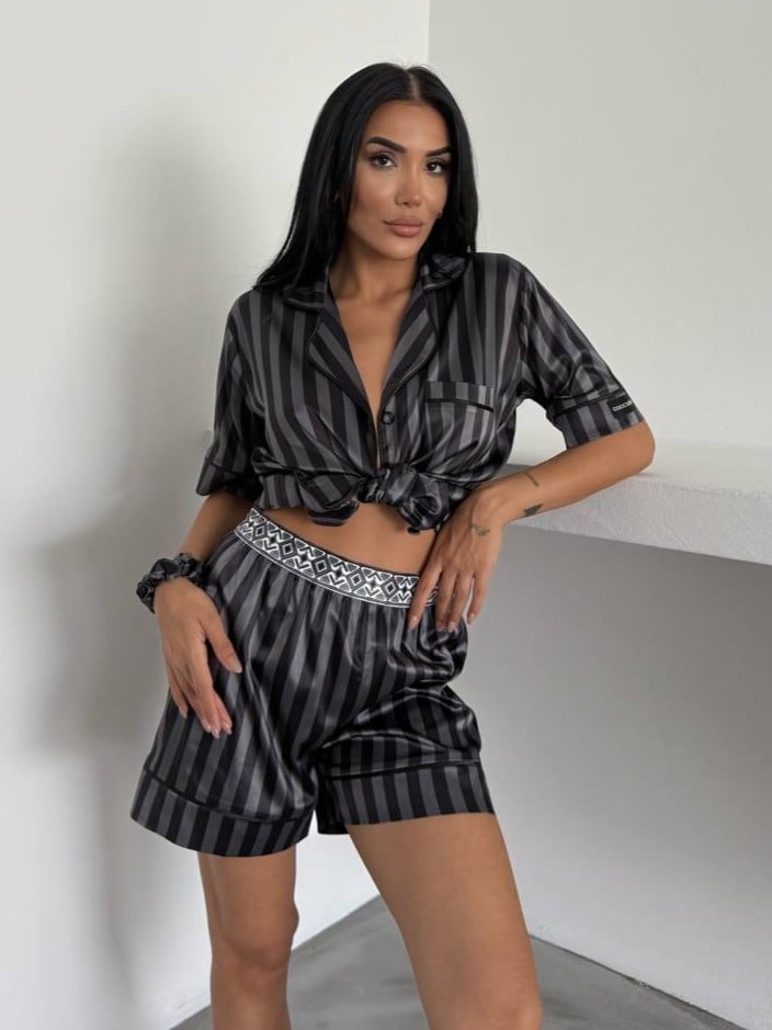 Set pijama dama din doua piese, cu nasturi – 2500156, Negru/Gri - poza 3