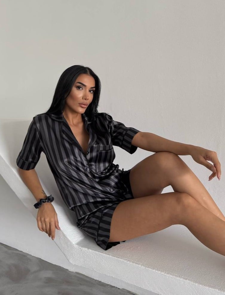 Set pijama dama din doua piese, cu nasturi – 2500156, Negru/Gri - poza 4