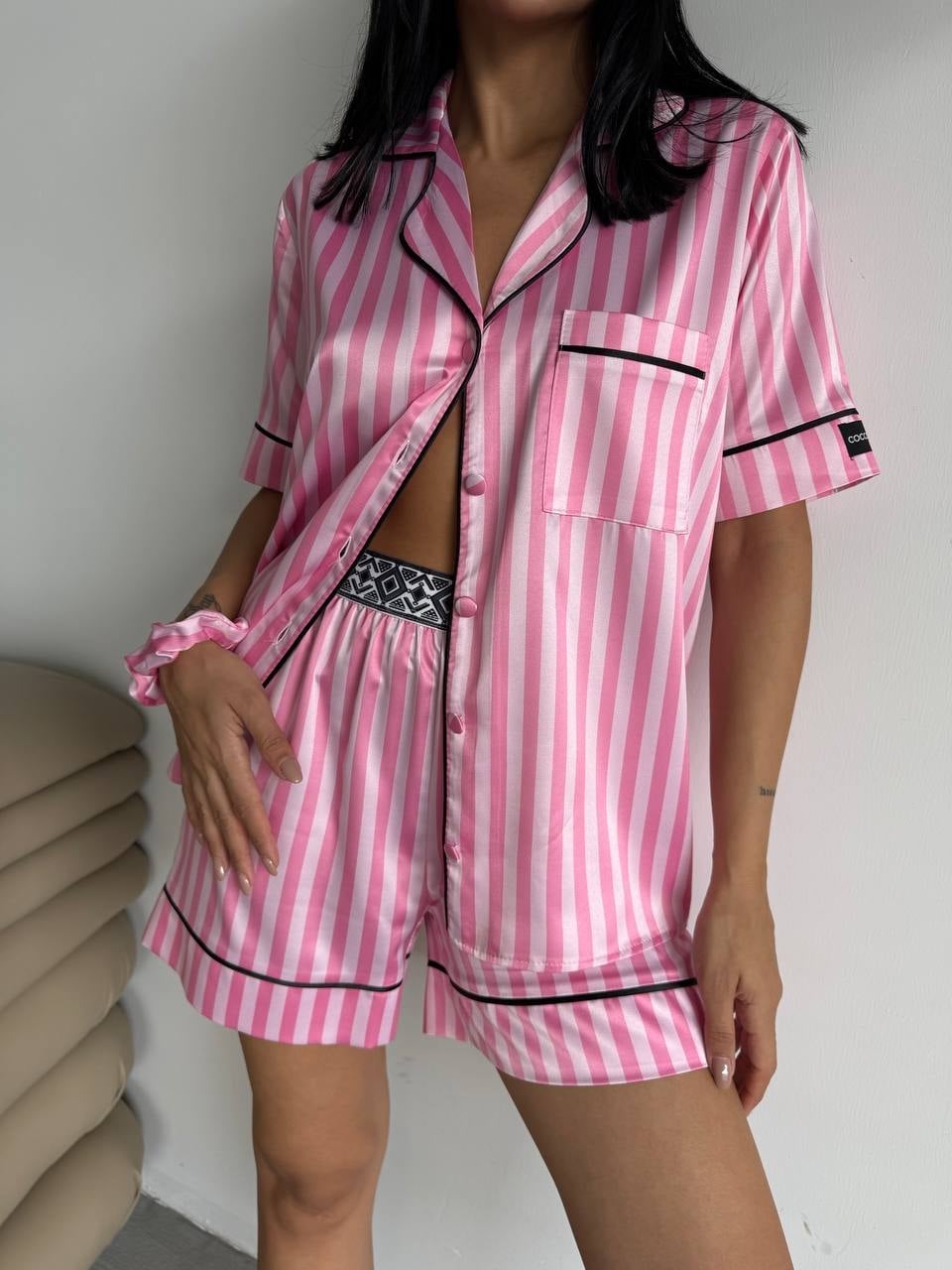 Set pijama dama din doua piese, cu nasturi – 2500159, Roz deschis - poza 1