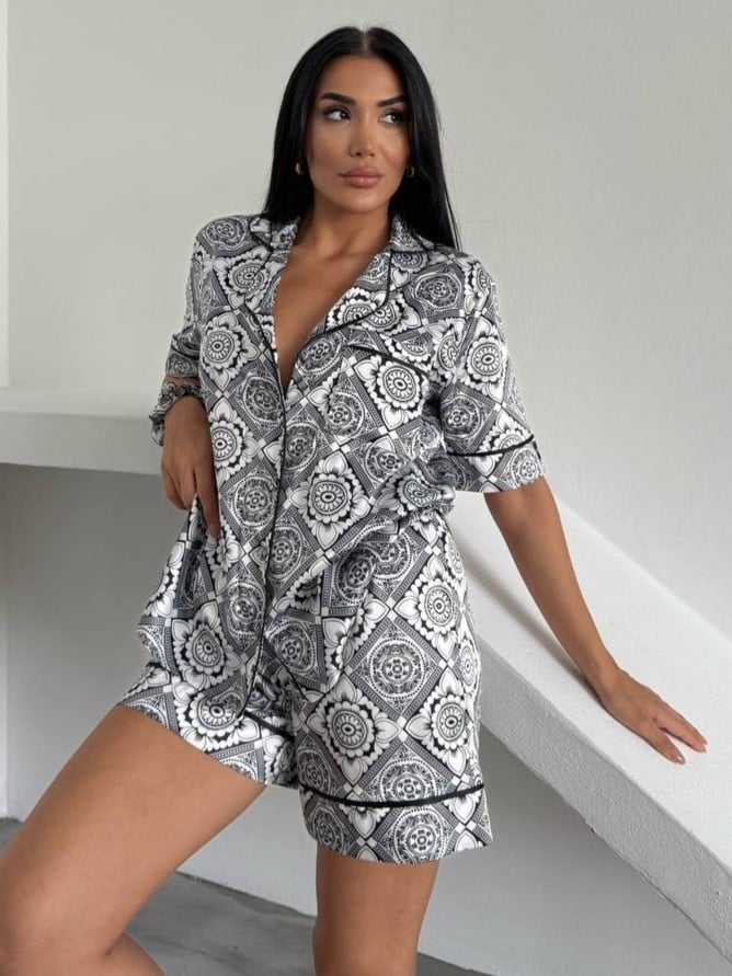 Set pijama dama din doua piese, cu nasturi – 2500162, Black Mosaic - poza 1
