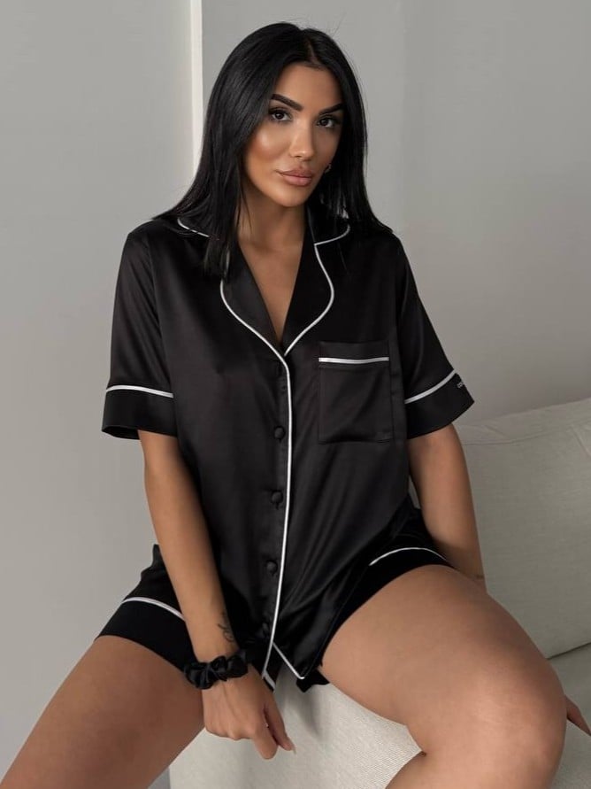 Set pijama dama din doua piese, cu nasturi – 2500190, Negru - poza 3