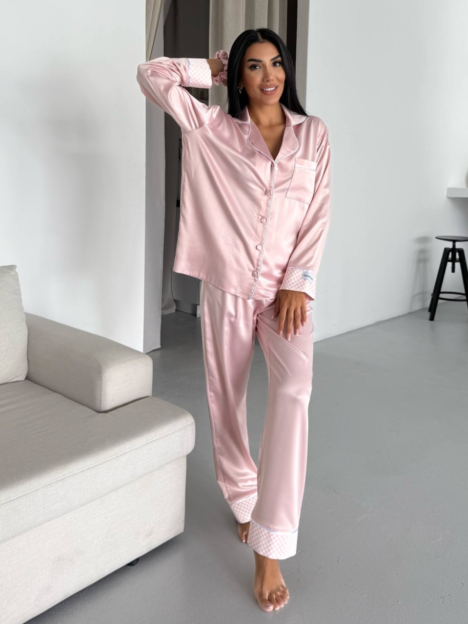 Set pijama dama din doua piese, cu nasturi – 2500252, Roz - poza 1