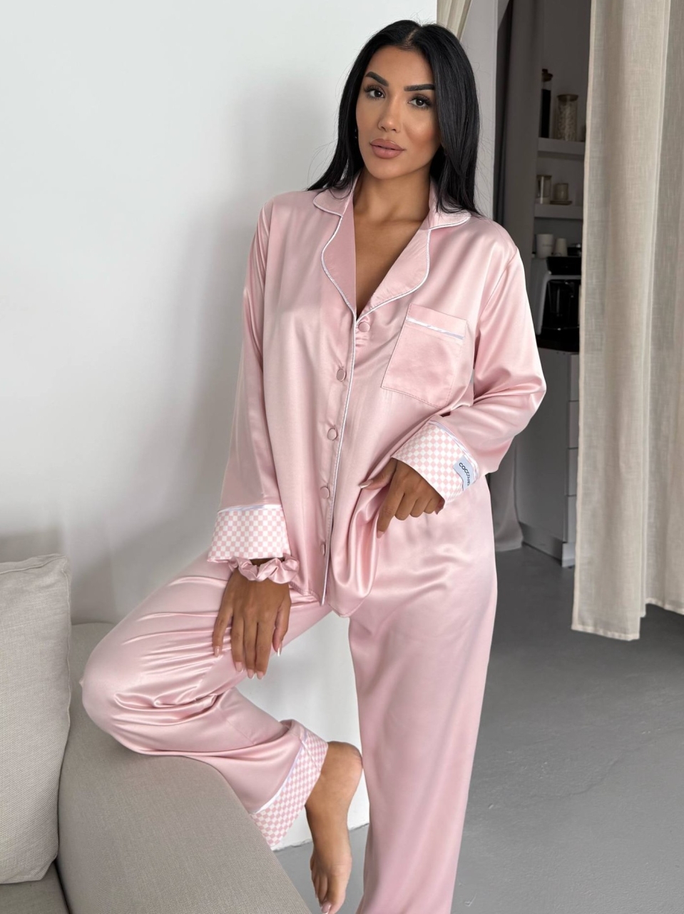 Set pijama dama din doua piese, cu nasturi – 2500252, Roz - poza 5