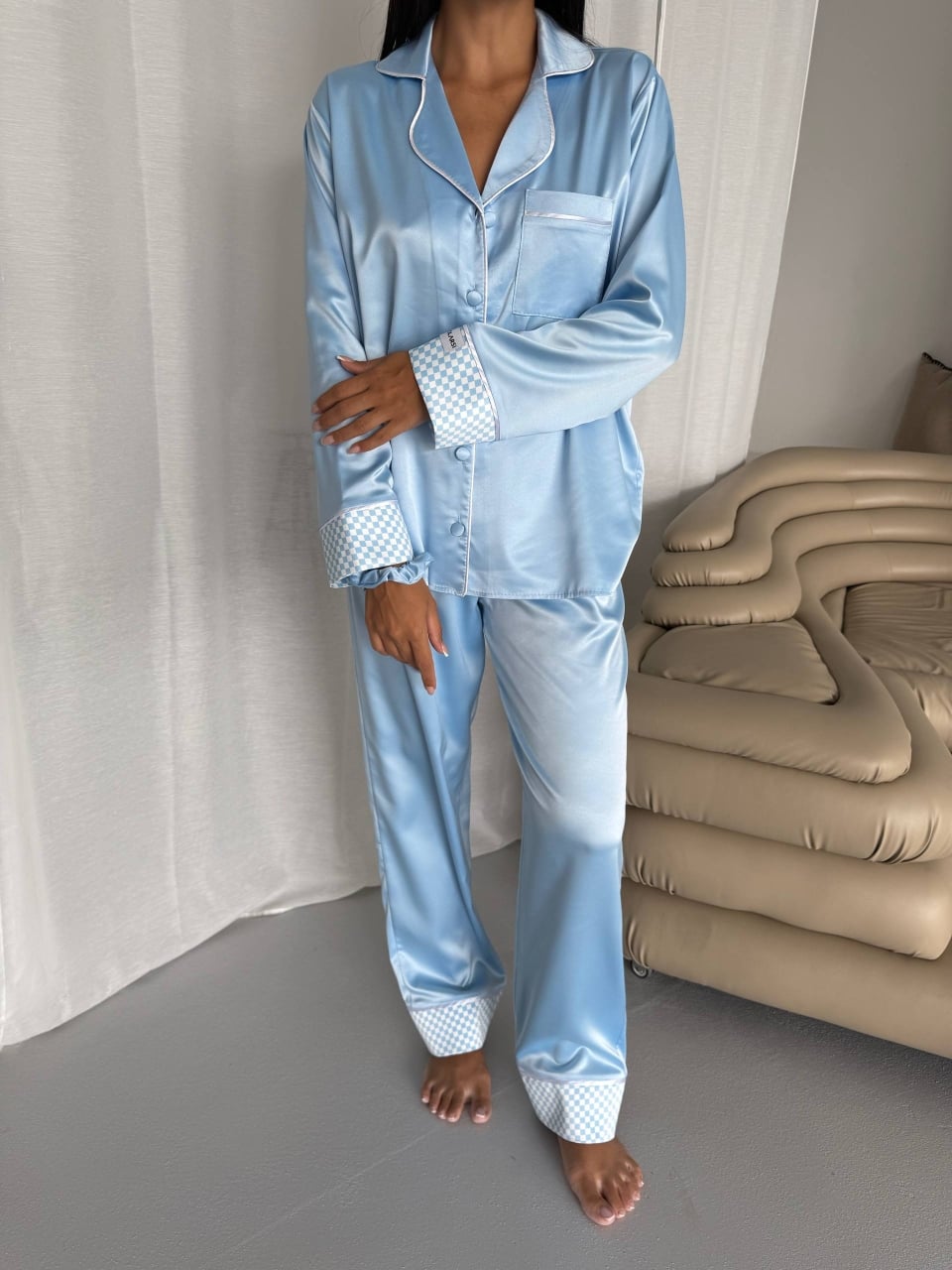 Set pijama dama din doua piese, cu nasturi – 2500253, Albastru - poza 3