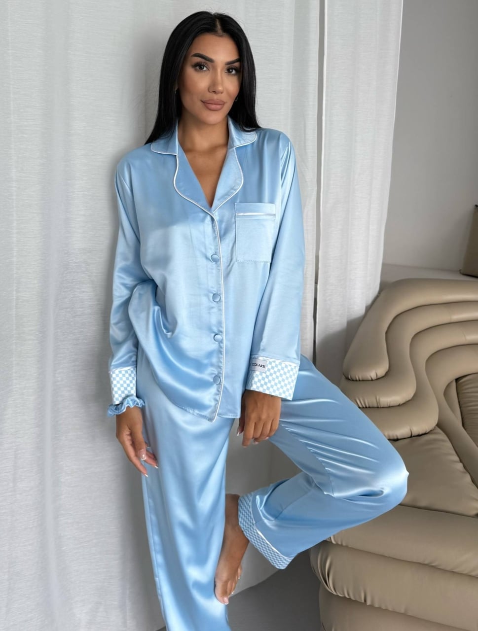 Set pijama dama din doua piese, cu nasturi – 2500253, Albastru - poza 4