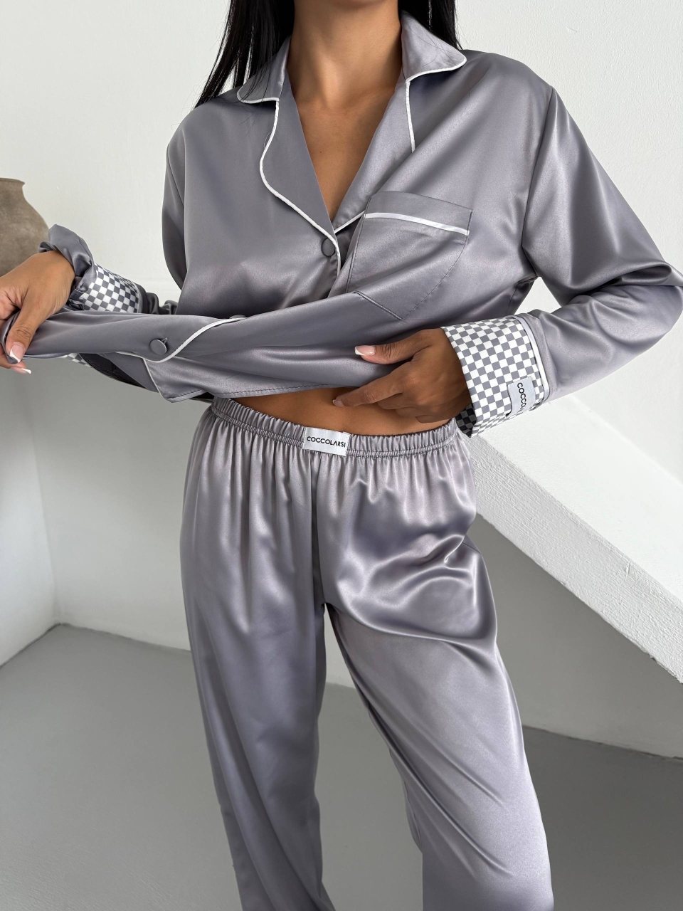 Set pijama dama din doua piese, cu nasturi – 2500256, Gri - poza 4