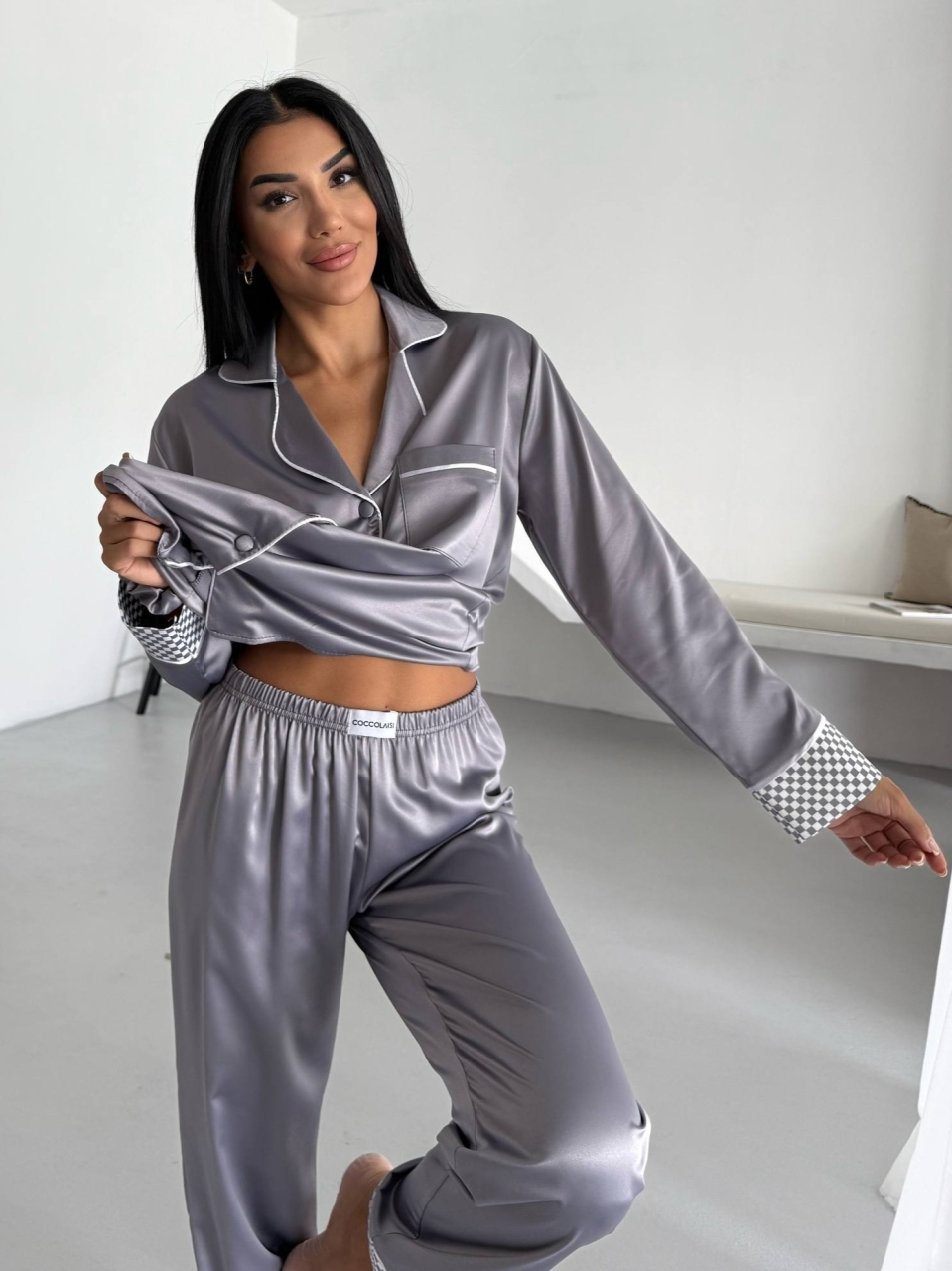 Set pijama dama din doua piese, cu nasturi – 2500256, Gri - poza 5