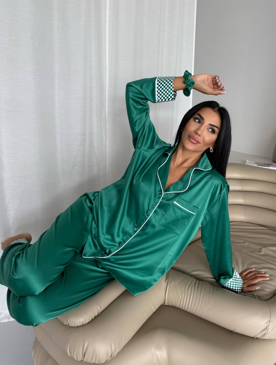 Set pijama dama din doua piese, cu nasturi – 2500259, Verde - poza 3