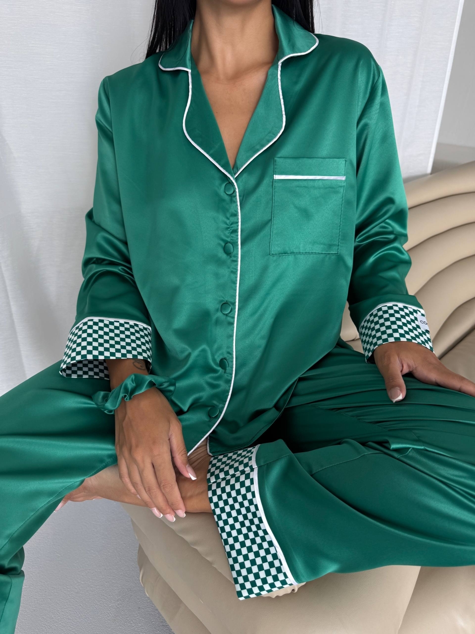 Set pijama dama din doua piese, cu nasturi – 2500259, Verde - poza 5