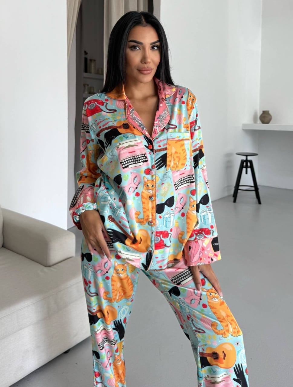 Set pijama dama din doua piese, cu nasturi – 2500261, Multicolor - poza 3