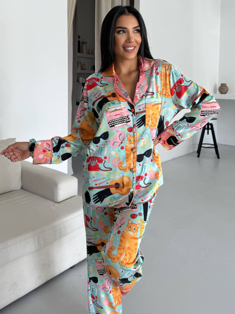 Set pijama dama din doua piese, cu nasturi – 2500261, Multicolor - poza 4