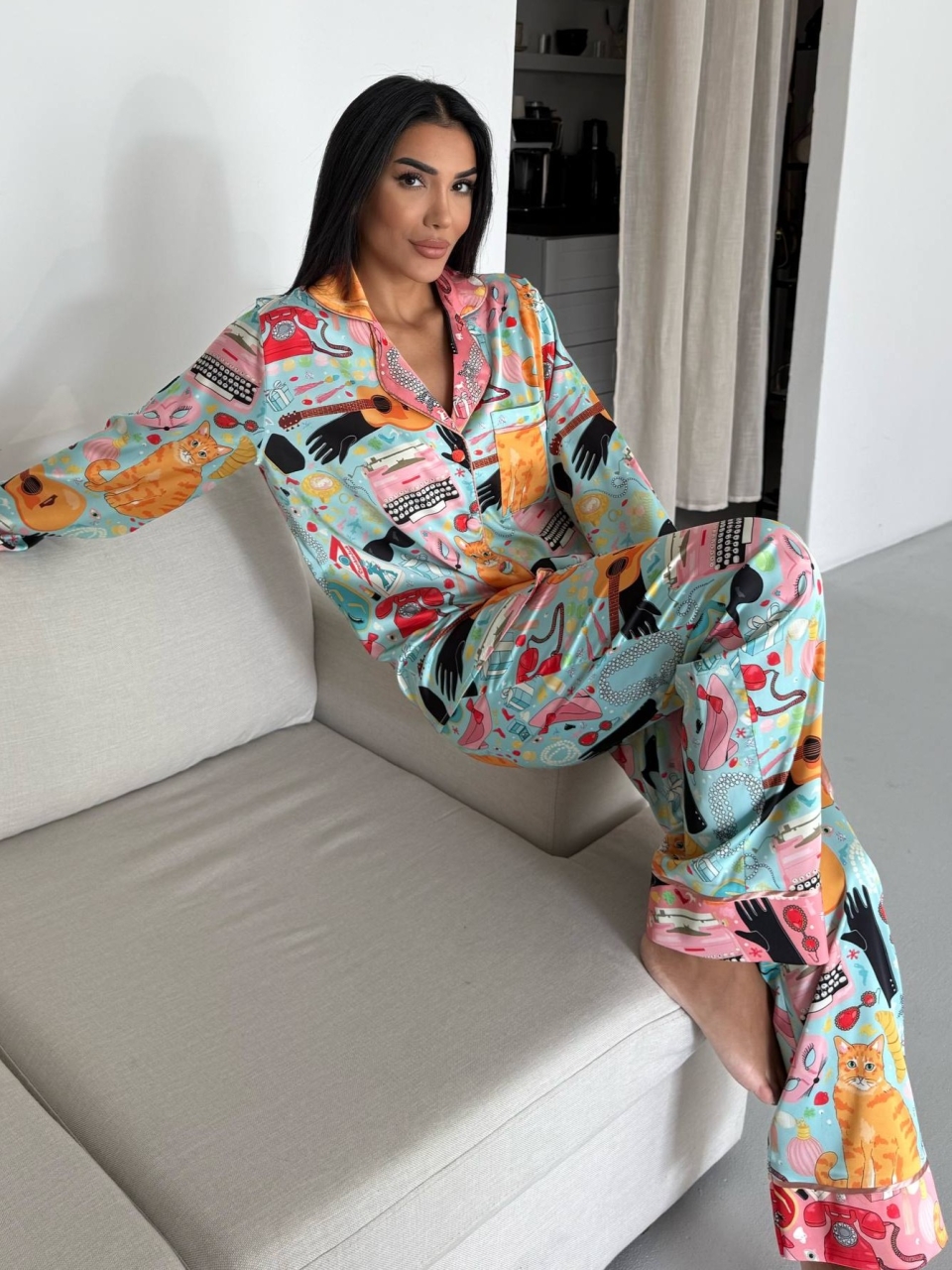 Set pijama dama din doua piese, cu nasturi – 2500261, Multicolor - poza 5