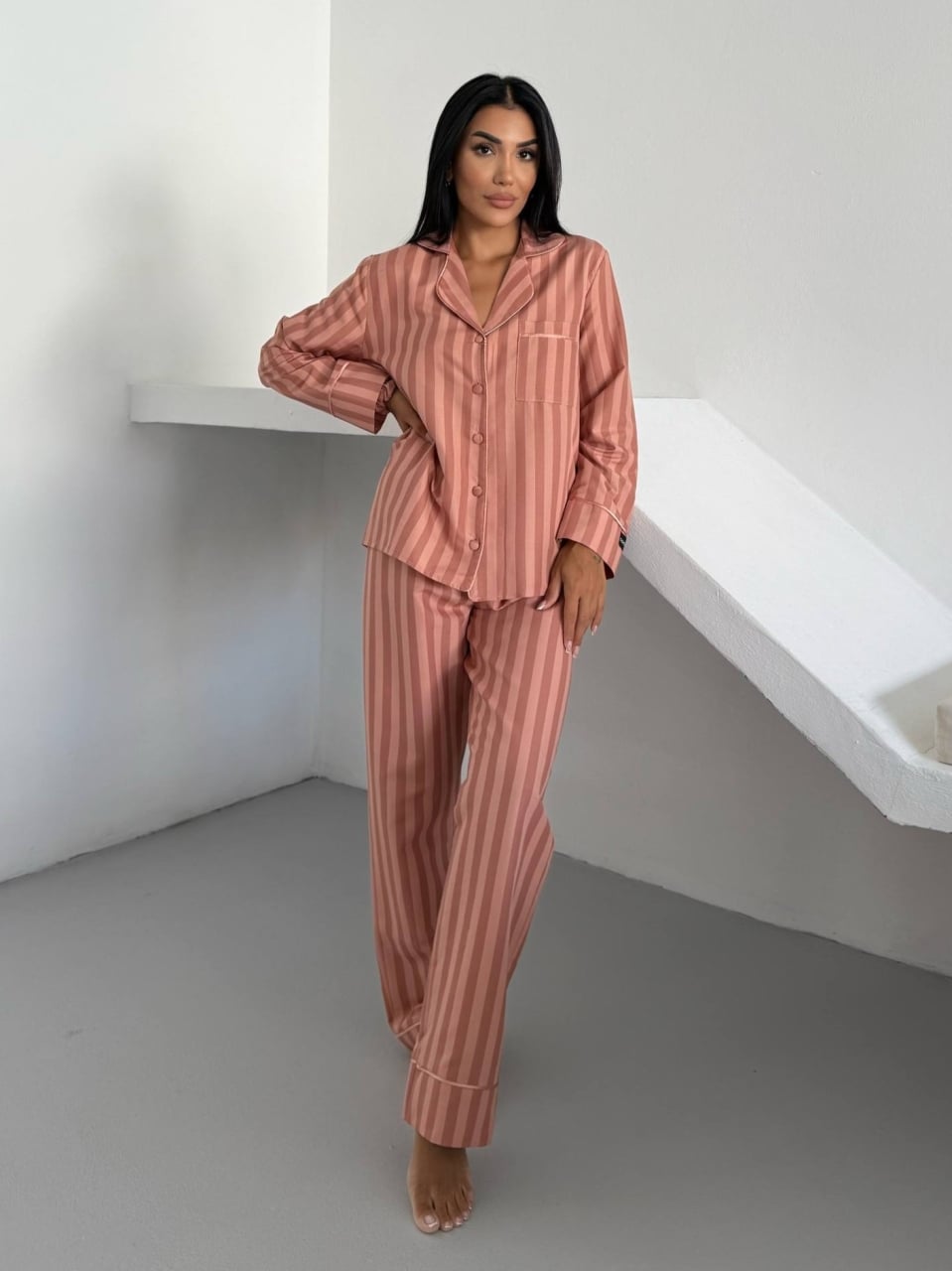 Set pijama dama din doua piese, cu nasturi – 2500295, Peach - poza 1