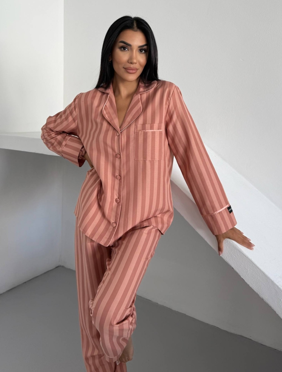 Set pijama dama din doua piese, cu nasturi – 2500295, Peach - poza 2