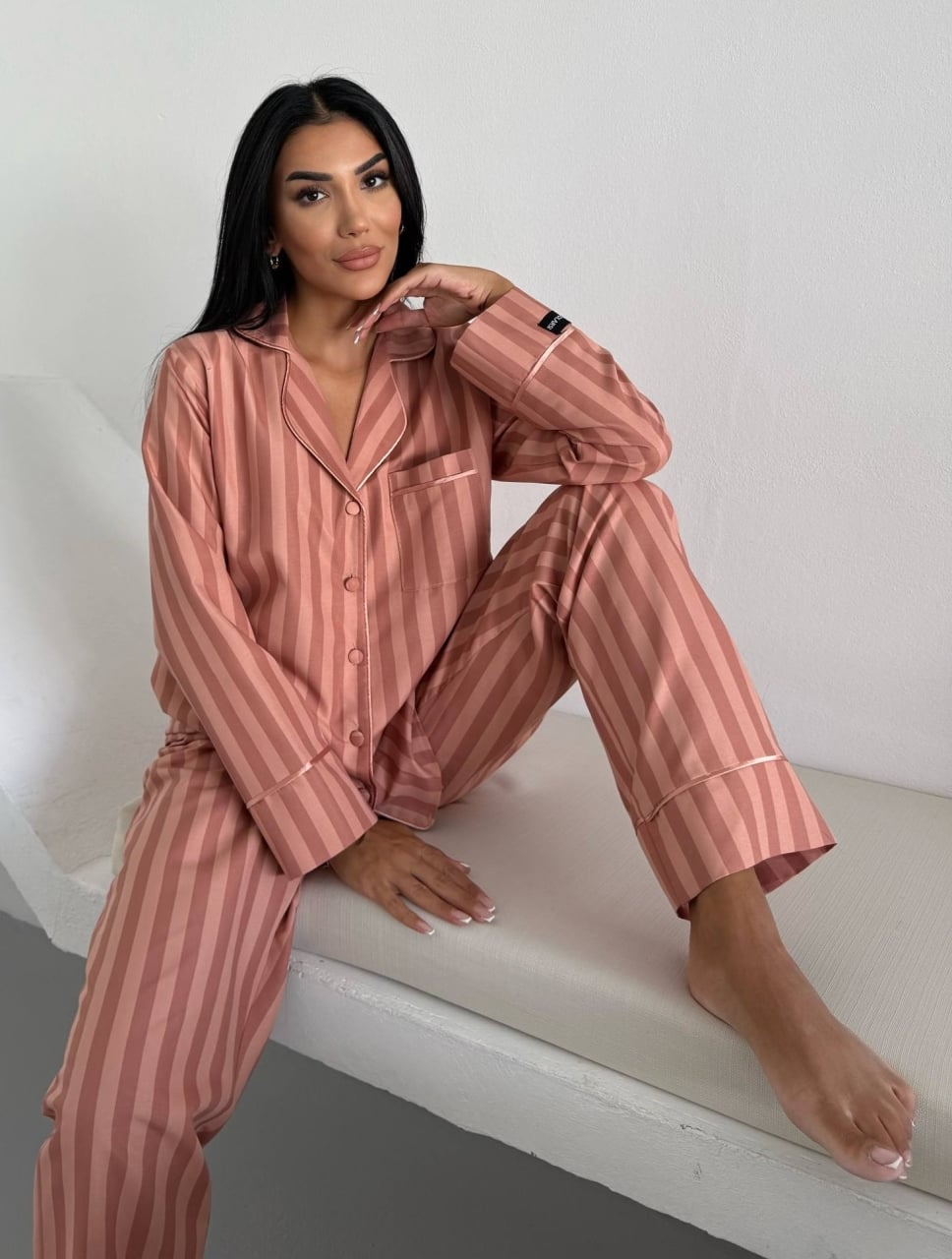 Set pijama dama din doua piese, cu nasturi – 2500295, Peach - poza 3