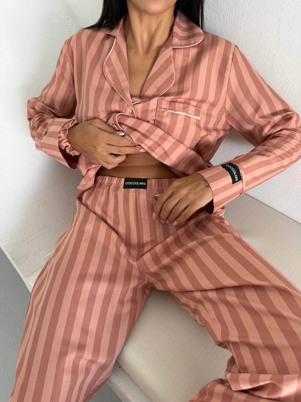 Set pijama dama din doua piese, cu nasturi – 2500295, Peach - poza 5
