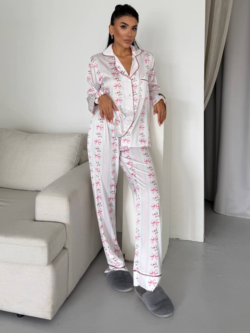 Set pijama dama din doua piese, cu nasturi – 2500343, Alb/Roz - poza 1