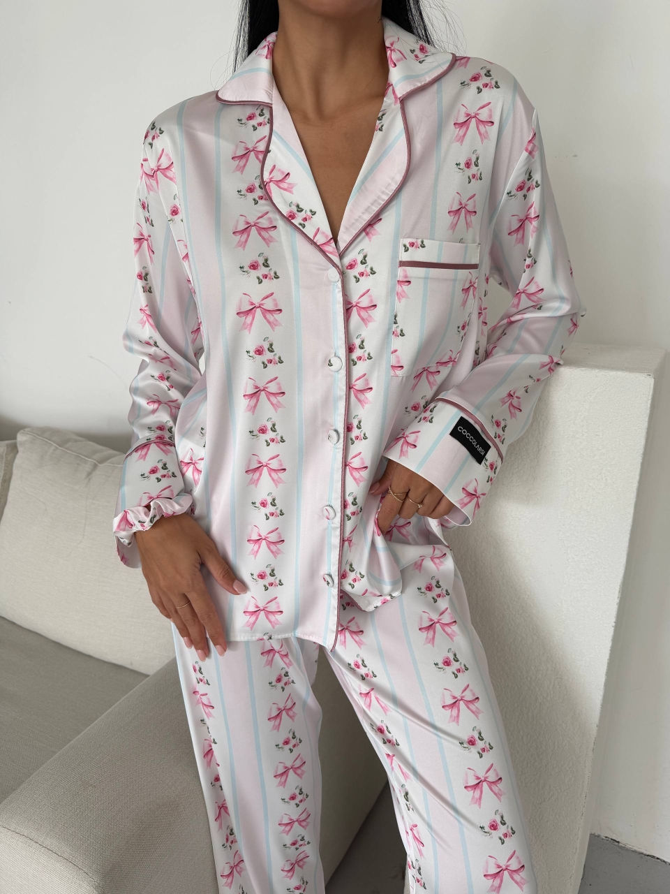 Set pijama dama din doua piese, cu nasturi – 2500343, Alb/Roz - poza 3