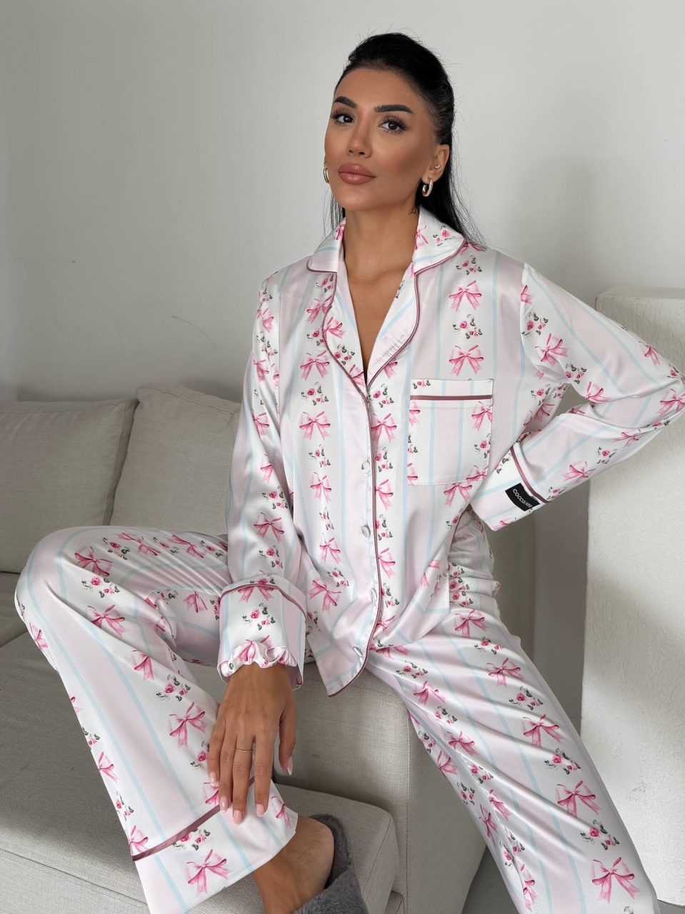 Set pijama dama din doua piese, cu nasturi – 2500343, Alb/Roz - poza 5