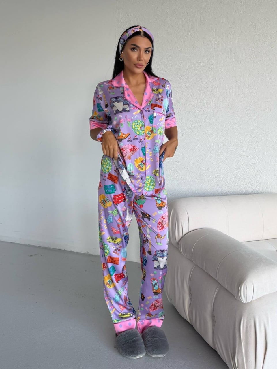 Set pijama dama din doua piese, cu nasturi – 2500378, Lilac Fantasy - poza 1