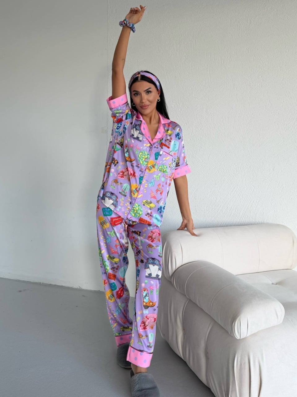 Set pijama dama din doua piese, cu nasturi – 2500378, Lilac Fantasy - poza 5
