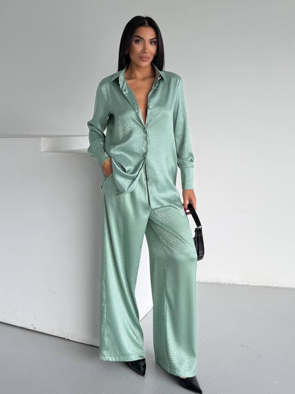 Set pijama dama din doua piese, cu nasturi – 2500402, Verde menta - poza 1