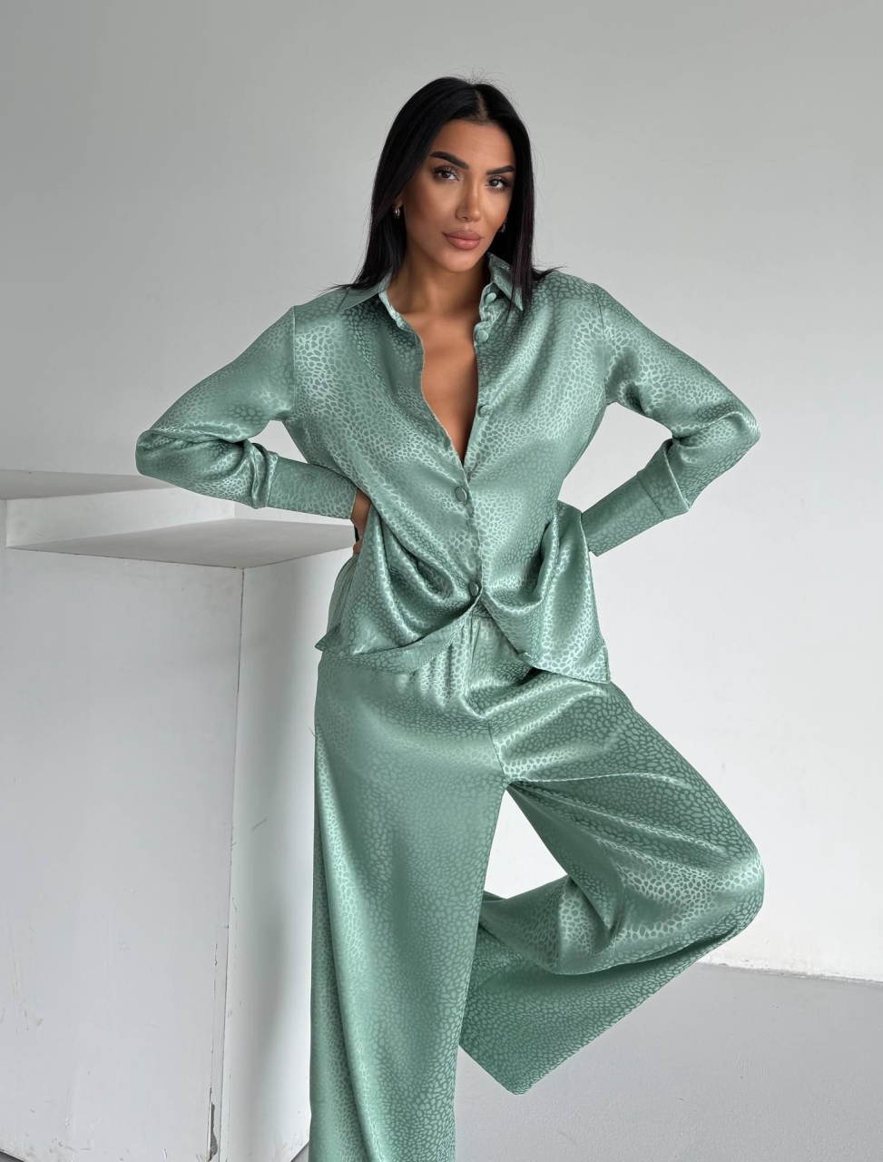 Set pijama dama din doua piese, cu nasturi – 2500402, Verde menta - poza 2
