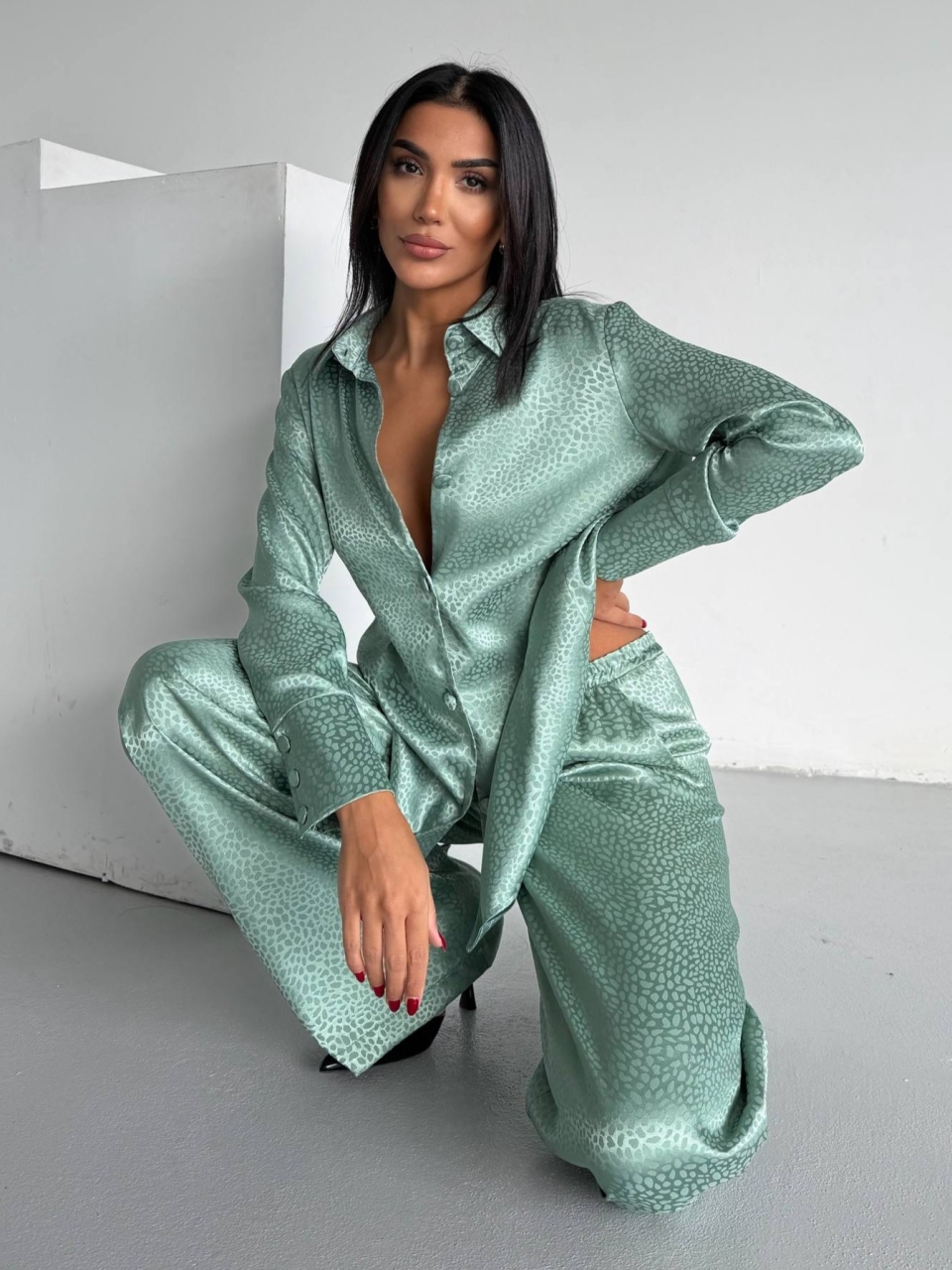 Set pijama dama din doua piese, cu nasturi – 2500402, Verde menta - poza 4