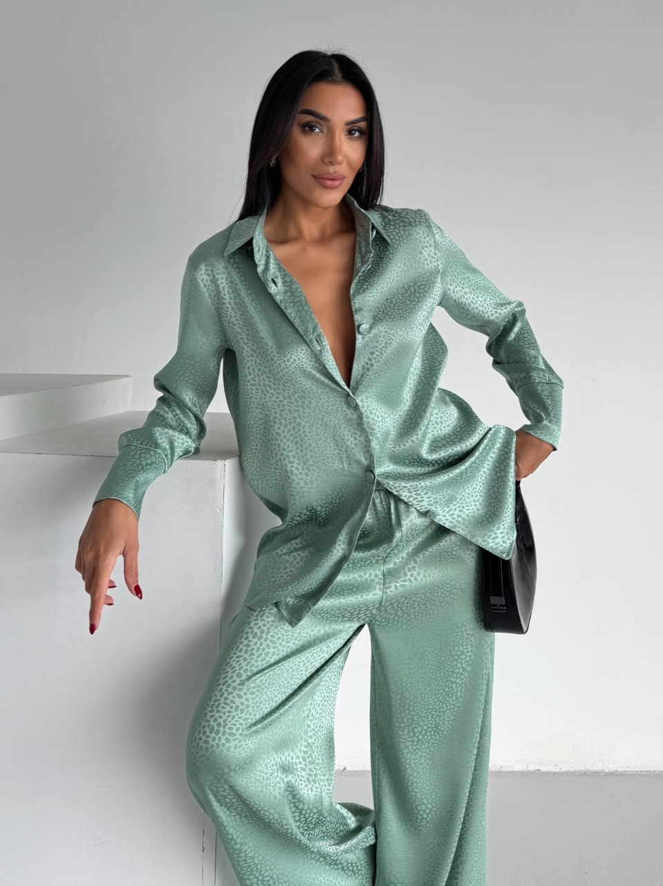 Set pijama dama din doua piese, cu nasturi – 2500402, Verde menta - poza 5