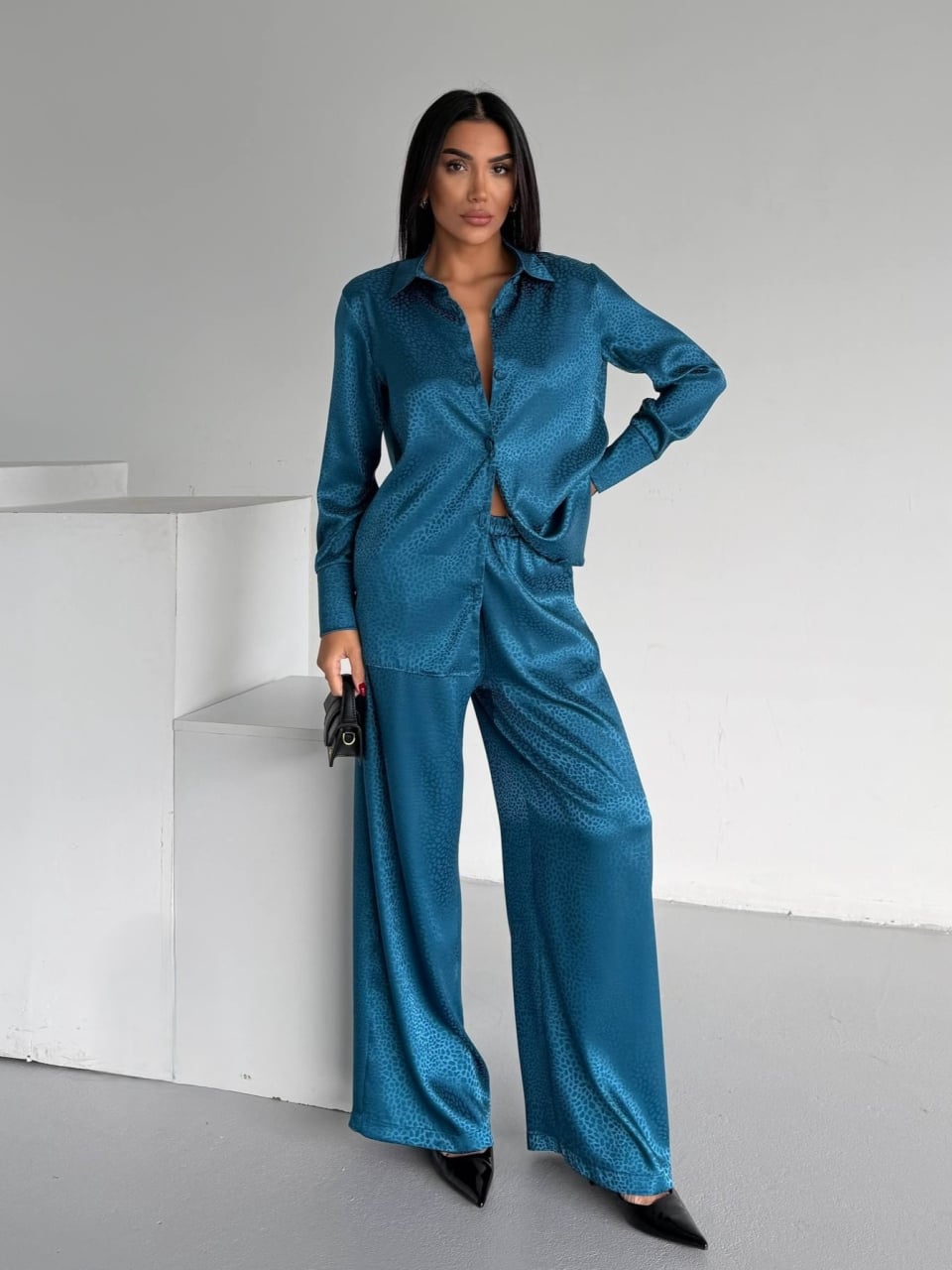 Set pijama dama din doua piese, cu nasturi – 2500404, Turcoaz - poza 1
