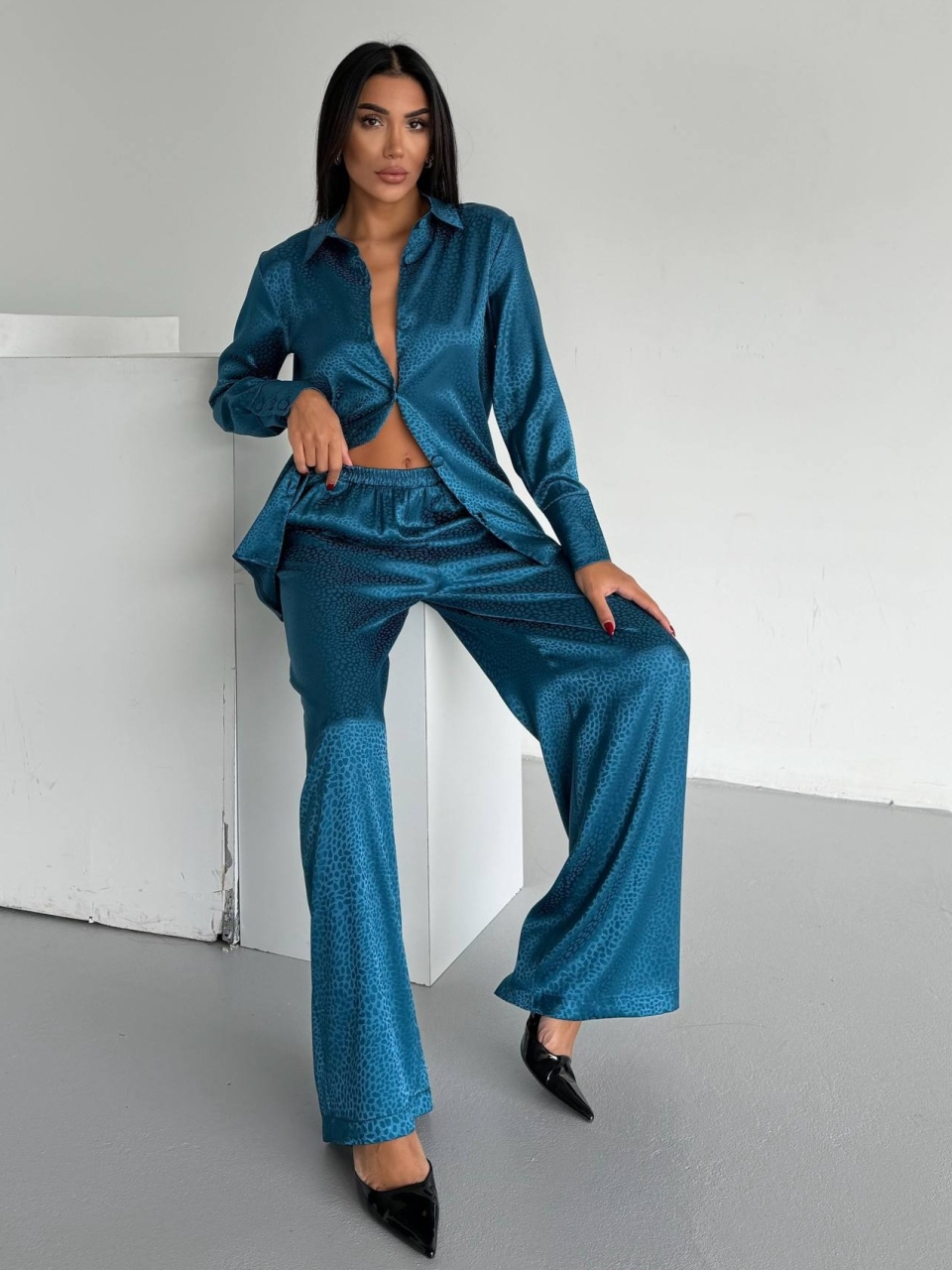 Set pijama dama din doua piese, cu nasturi – 2500404, Turcoaz - poza 2