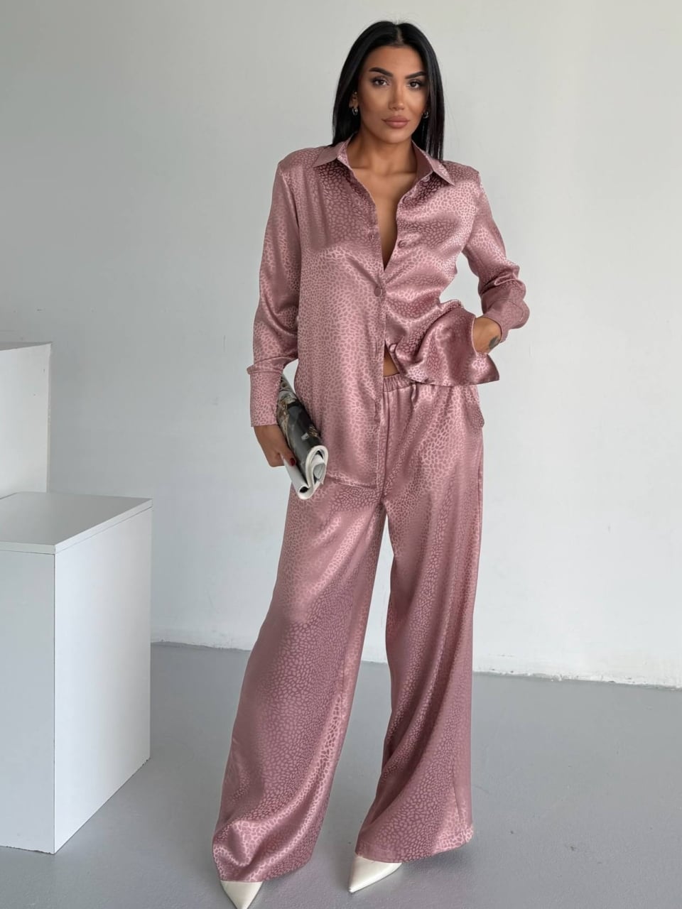 Set pijama dama din doua piese, cu nasturi – 2500406, Roz - poza 1