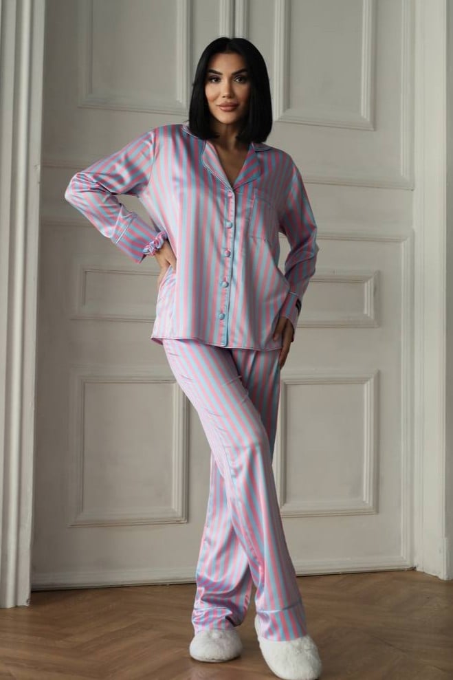 Set pijama dama din doua piese, cu nasturi – 2600012, Roz / Albastru - poza 1