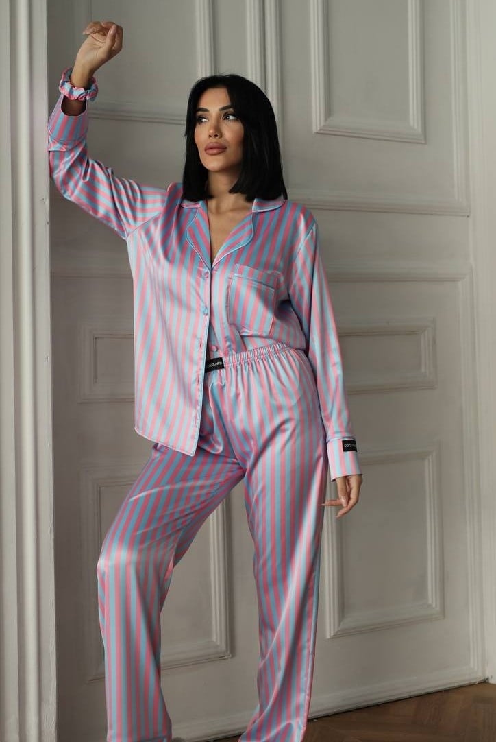 Set pijama dama din doua piese, cu nasturi – 2600012, Roz / Albastru - poza 2