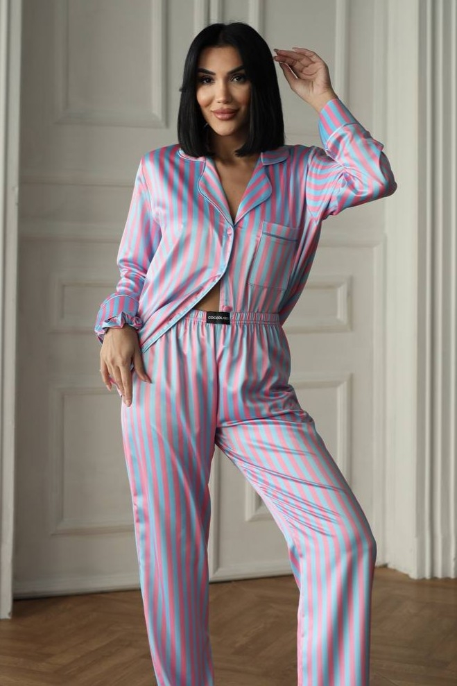 Set pijama dama din doua piese, cu nasturi – 2600012, Roz / Albastru - poza 4