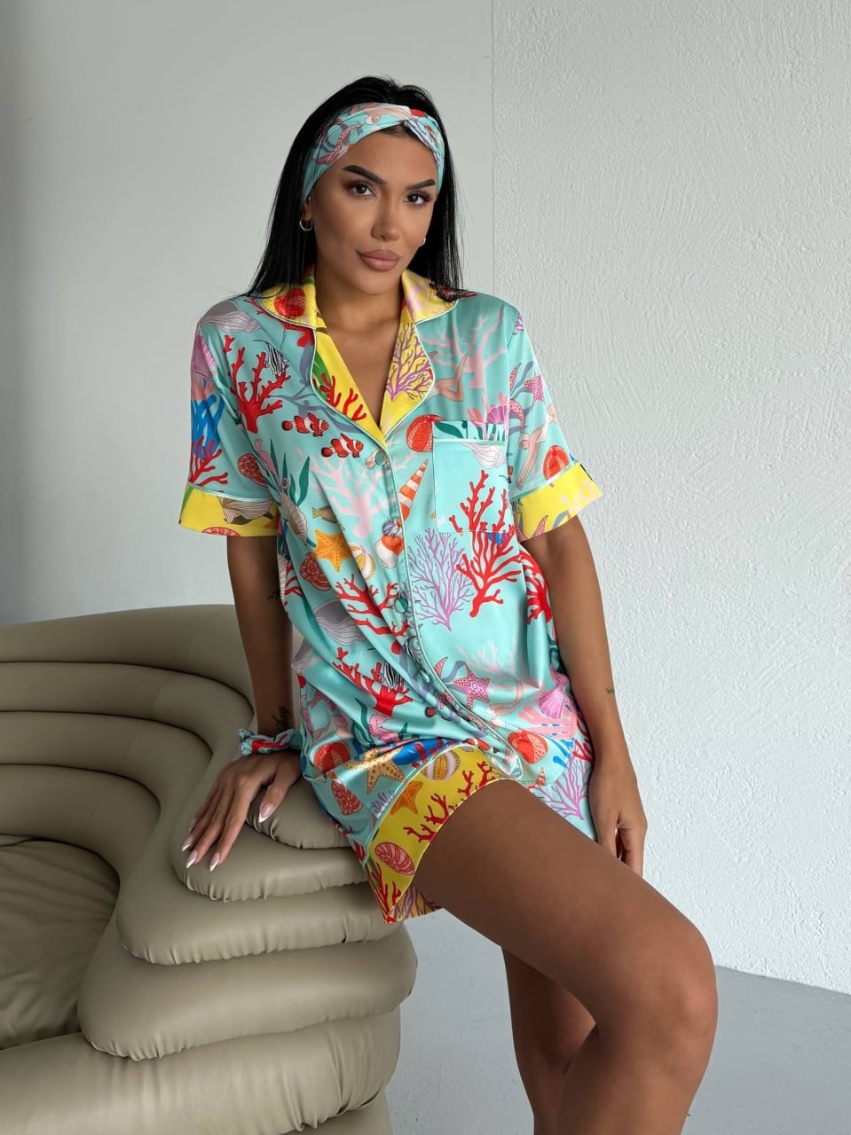 Set pijama dama din doua piese, cu nasturi – 2600030, Turcoaz cu imprimeu marin - poza 2
