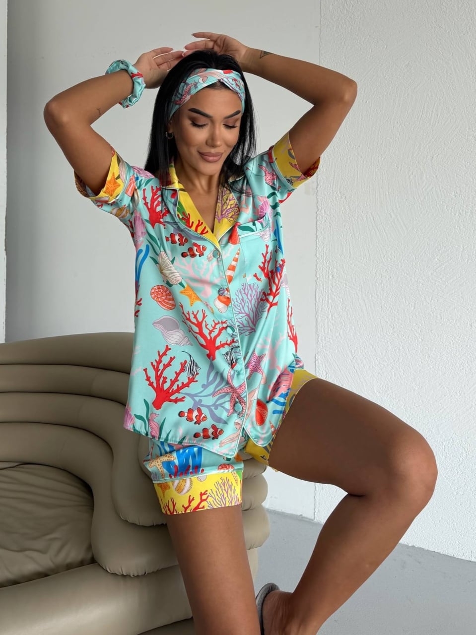 Set pijama dama din doua piese, cu nasturi – 2600030, Turcoaz cu imprimeu marin - poza 4