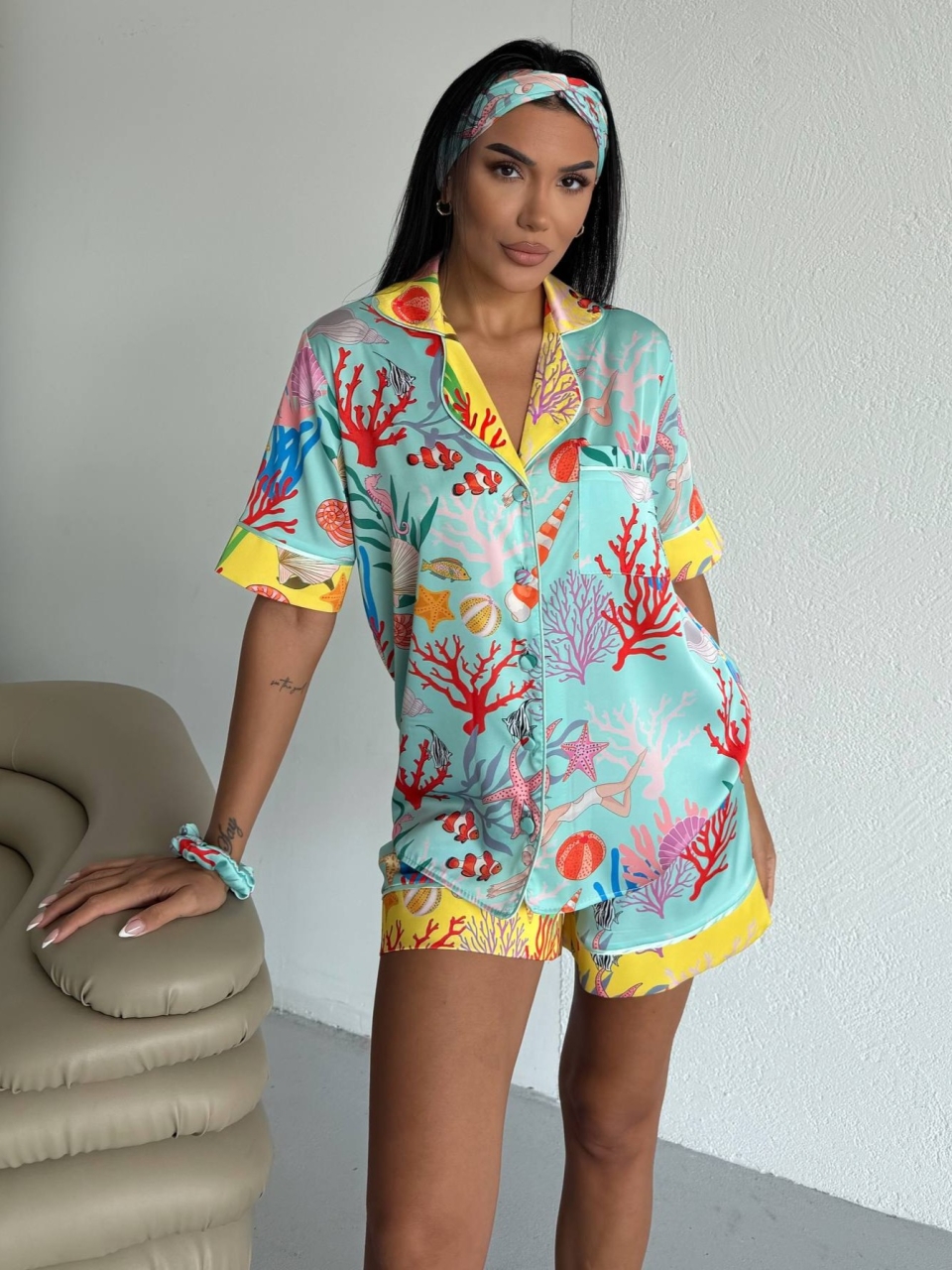 Set pijama dama din doua piese, cu nasturi – 2600030, Turcoaz cu imprimeu marin - poza 5