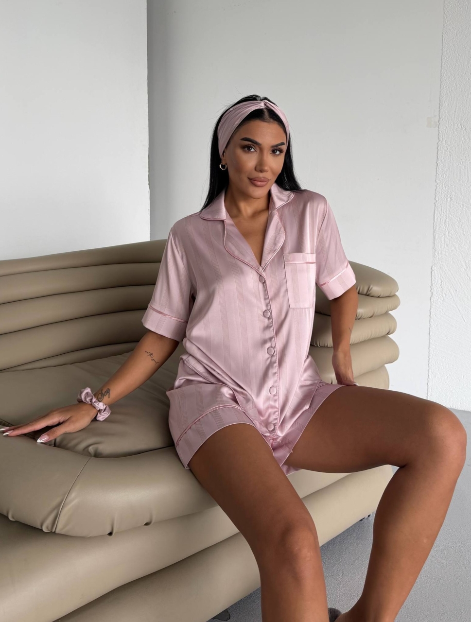Set pijama dama din doua piese, cu nasturi – 2600041, Roz pudrat satinat - poza 3