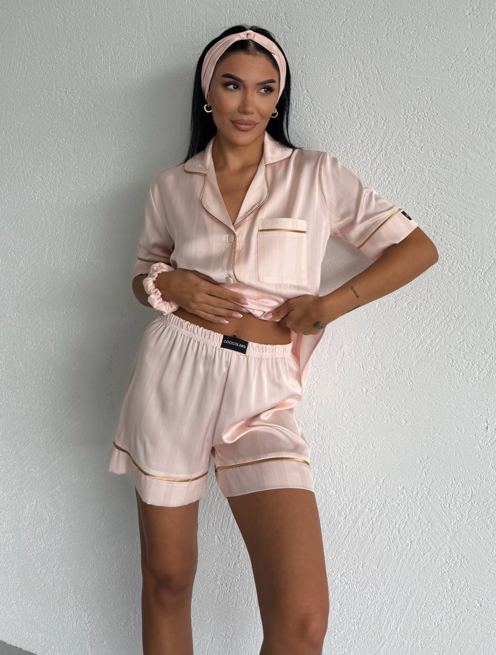 Set pijama dama din doua piese, cu nasturi – 2600044, Crem satinat - poza 1