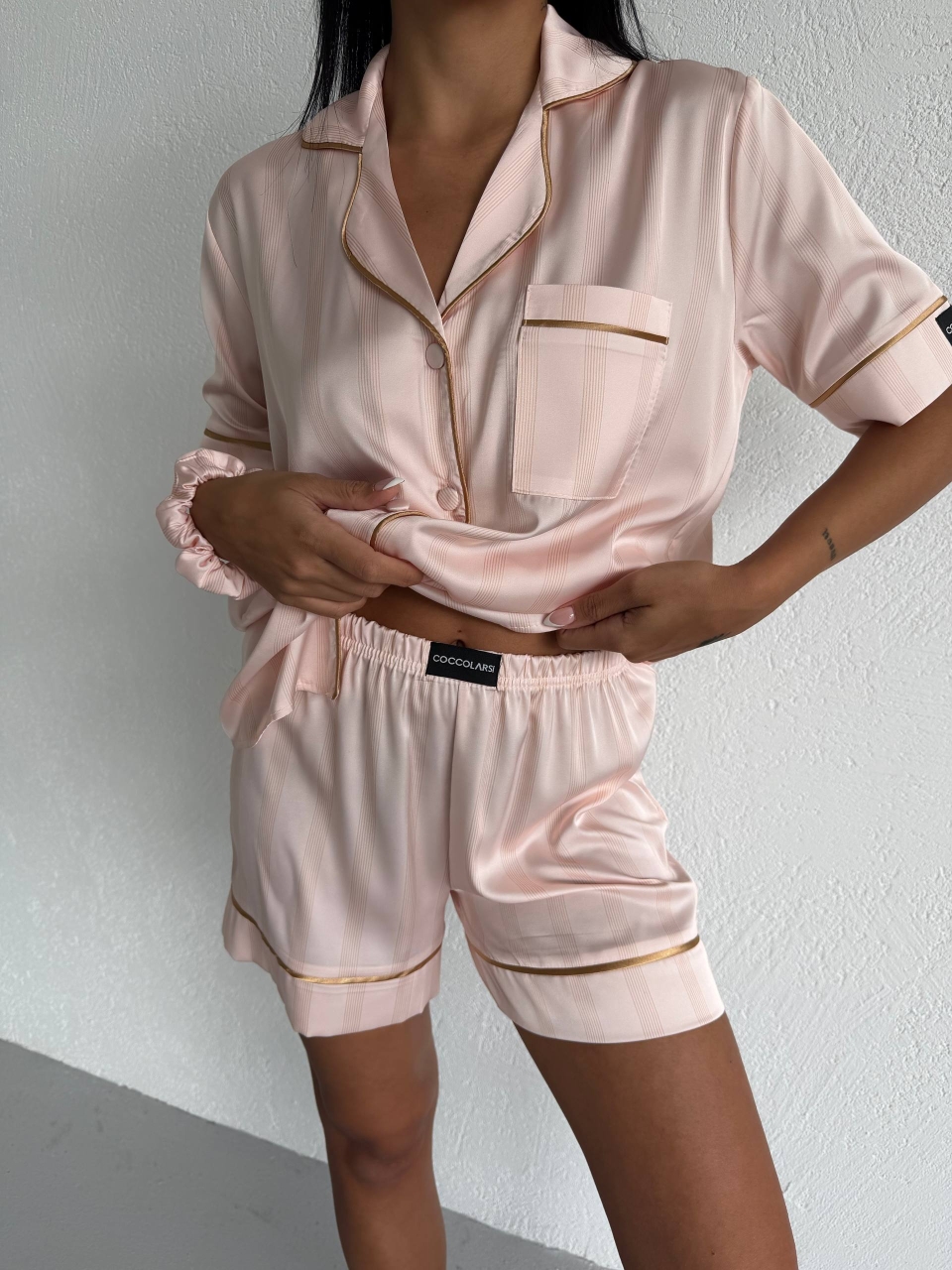 Set pijama dama din doua piese, cu nasturi – 2600044, Crem satinat - poza 5
