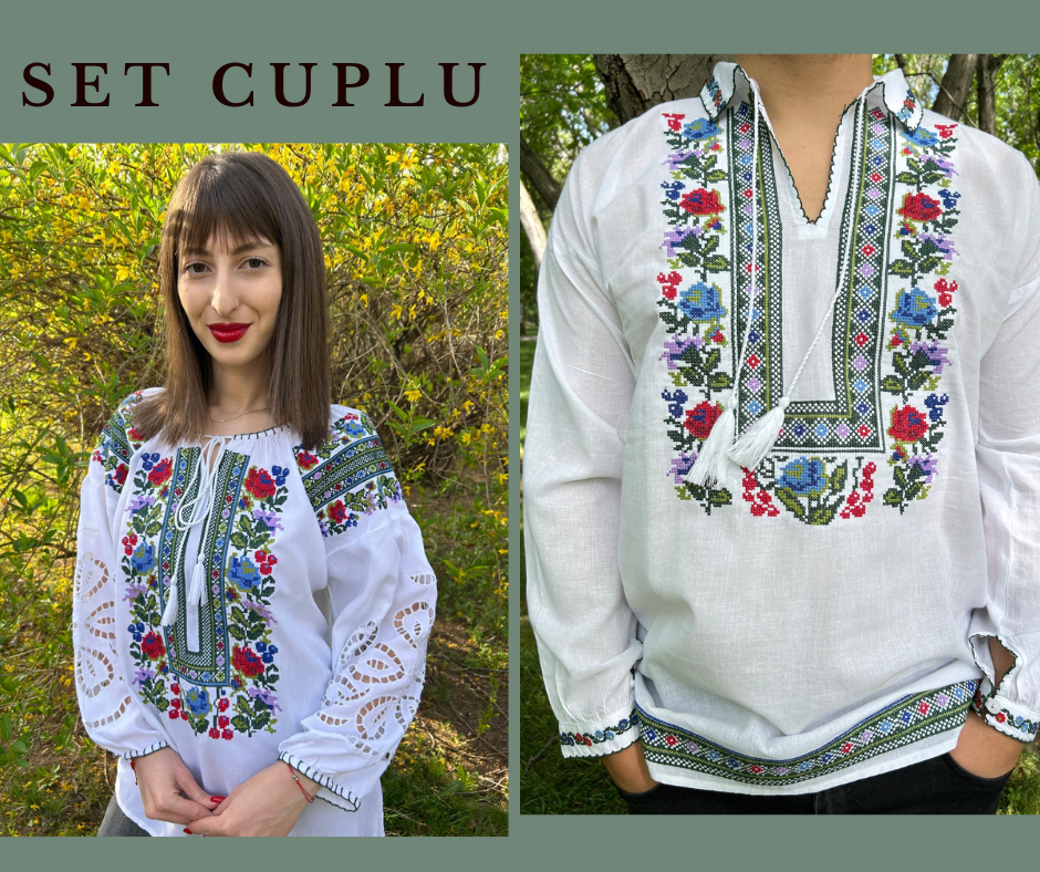 Set tradițional cuplu, ie femei/ ie bărbați - motive florale TM1191 - S - 2XL