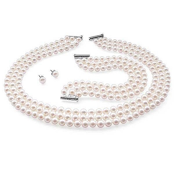 Set Triplu Perle Naturale Albe 6-7 mm - Colier, Bratara si Cercei, Argint 925 KASKADDA