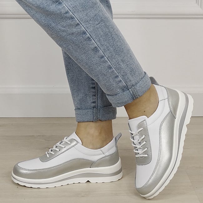 Sneakers albi argintii din piele naturala 5090 M6