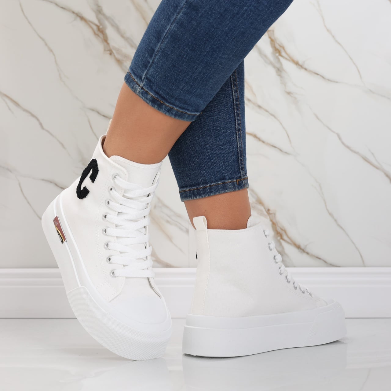 Sneakers dama albi din piele ecologica textil Aylin - poza 2